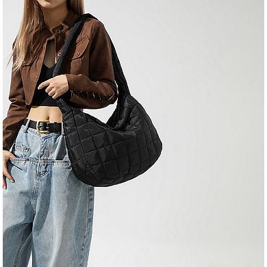 Women's Quilted Shoulder Bag with Padded Handle and Zip Top Closure