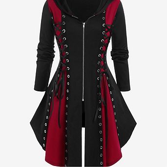Women's Hooded Lace-Up Midi Dresses Contrast Halloween Festival Costume Dress