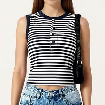 Striped Sleeveless Knit Tank Top with Button Front Crew Neck