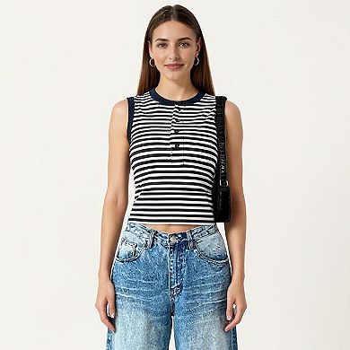 Striped Sleeveless Knit Tank Top with Button Front Crew Neck