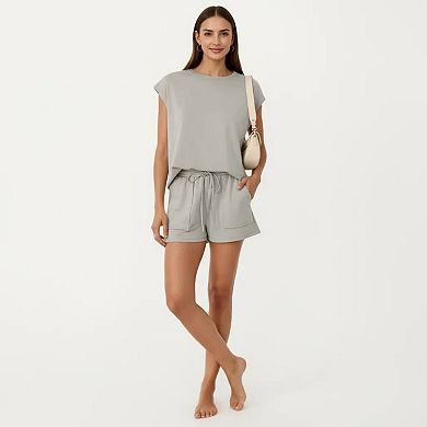 Short Sleeve Lounge Top and Shorts Set with Relaxed Fit