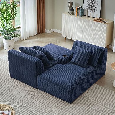 CEWOR Corduroy Compressible Double Chaise Lounge with Cupholders, Sleeper Loveseat, No Assembly