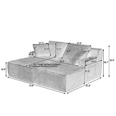 CEWOR Corduroy Compressible Double Chaise Lounge with Cupholders, Sleeper Loveseat, No Assembly