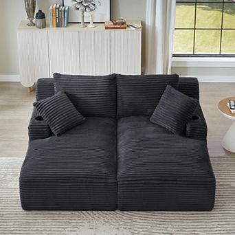 CEWOR Corduroy Compressible Double Chaise Lounge with Cupholders, Sleeper Loveseat, No Assembly