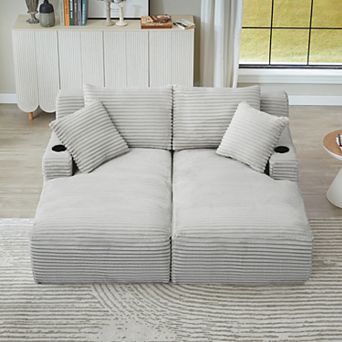 CEWOR Corduroy Compressible Double Chaise Lounge with Cupholders, Sleeper Loveseat, No Assembly