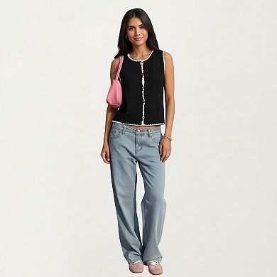 Sleeveless Knit Button Front Top with Contrast Trim Detail