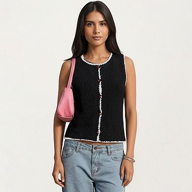 Sleeveless Knit Button Front Top with Contrast Trim Detail