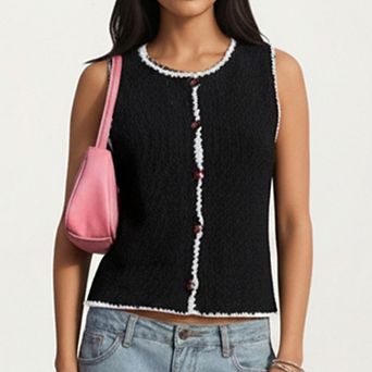 Sleeveless Knit Button Front Top with Contrast Trim Detail
