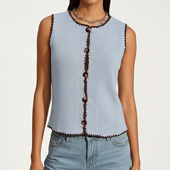 Sleeveless Knit Button Front Top with Contrast Trim Detail