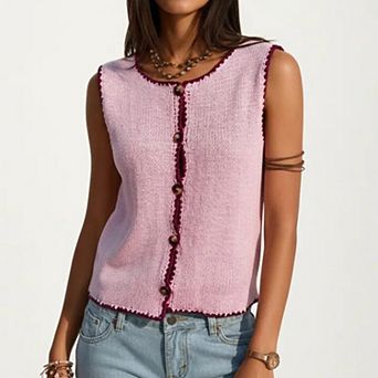 Sleeveless Knit Button Front Top with Contrast Trim Detail