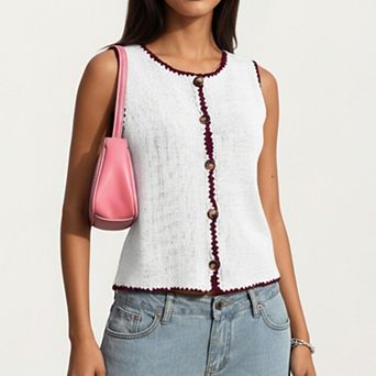Sleeveless Knit Button Front Top with Contrast Trim Detail