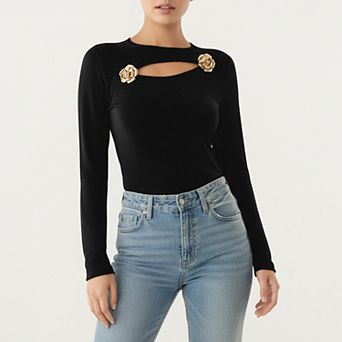 Long Sleeve Cutout Knit Top with Decorative Rose Accent