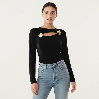 Long Sleeve Cutout Knit Top with Decorative Rose Accent
