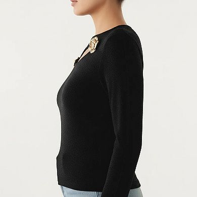 Long Sleeve Cutout Knit Top with Decorative Rose Accent