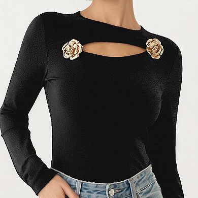 Long Sleeve Cutout Knit Top with Decorative Rose Accent