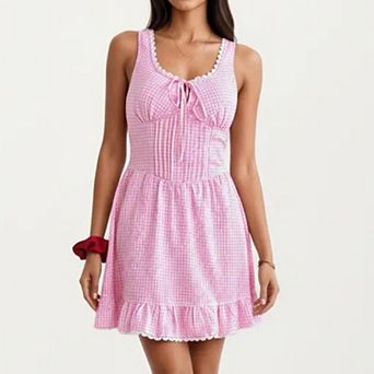 Sleeveless Gingham Mini Dress with Tie Front Bodice and Ruffle Hem