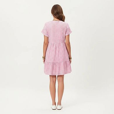 Short Sleeve V Neck Tiered Mini Dress with Gingham Pattern