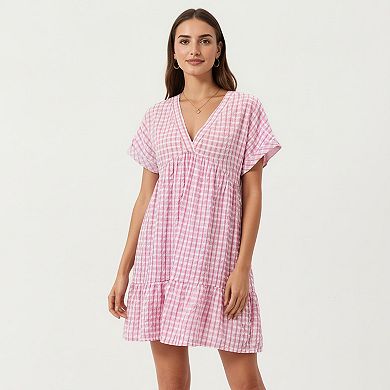 Short Sleeve V Neck Tiered Mini Dress with Gingham Pattern