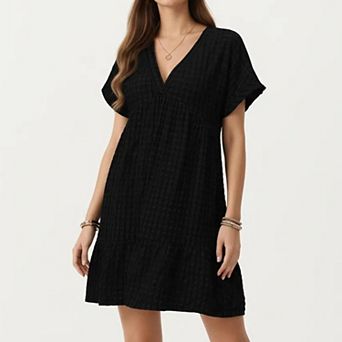 Short Sleeve V Neck Tiered Mini Dress with Gingham Pattern