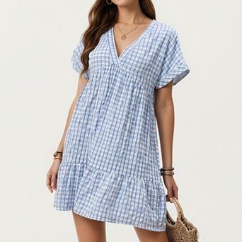 Short Sleeve V Neck Tiered Mini Dress with Gingham Pattern