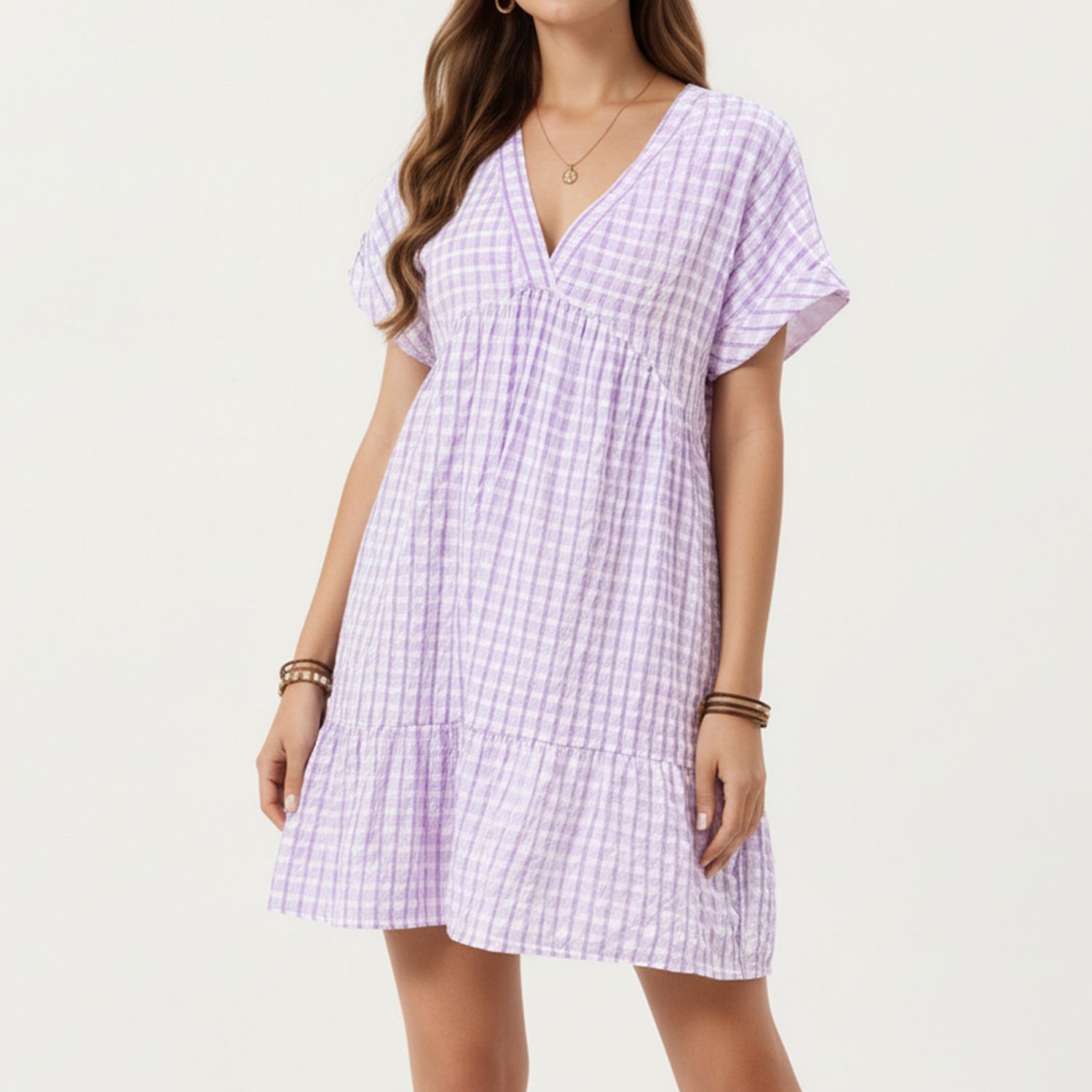 Женские платья Short Sleeve V Neck Tiered Mini Dress with Gingham Pattern