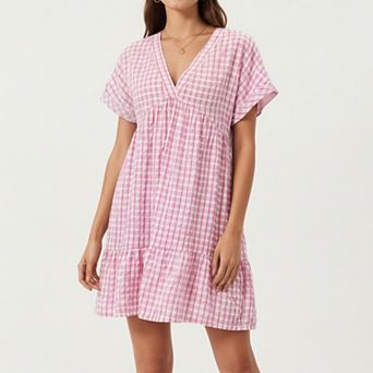Short Sleeve V Neck Tiered Mini Dress with Gingham Pattern