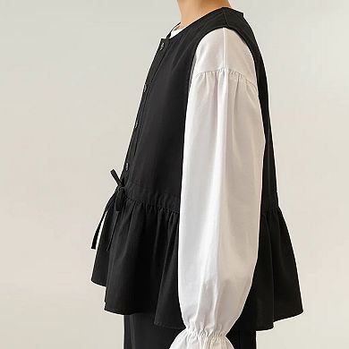 Sleeveless Button Front Vest with Adjustable Waist Tie