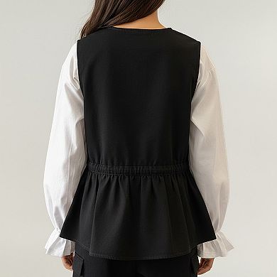 Sleeveless Button Front Vest with Adjustable Waist Tie