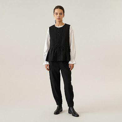Sleeveless Button Front Vest with Adjustable Waist Tie