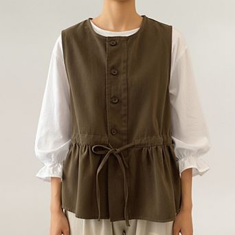 Sleeveless Button Front Vest with Adjustable Waist Tie