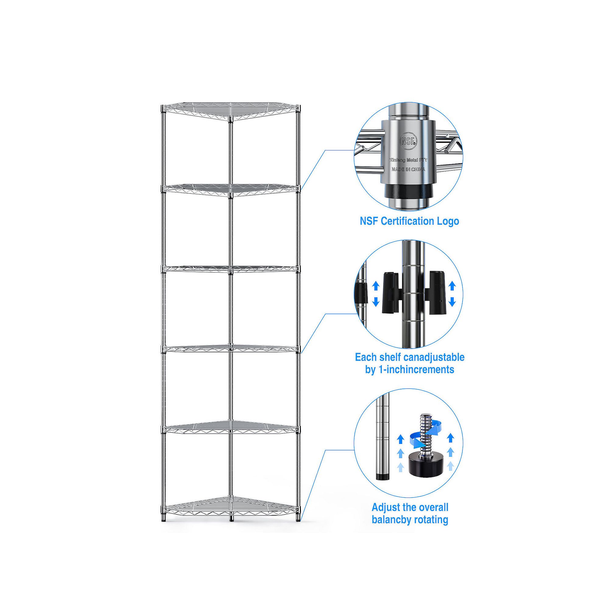Adjustable 6-tier NSF-certified metal corner shelf rack with five adjustable levels.