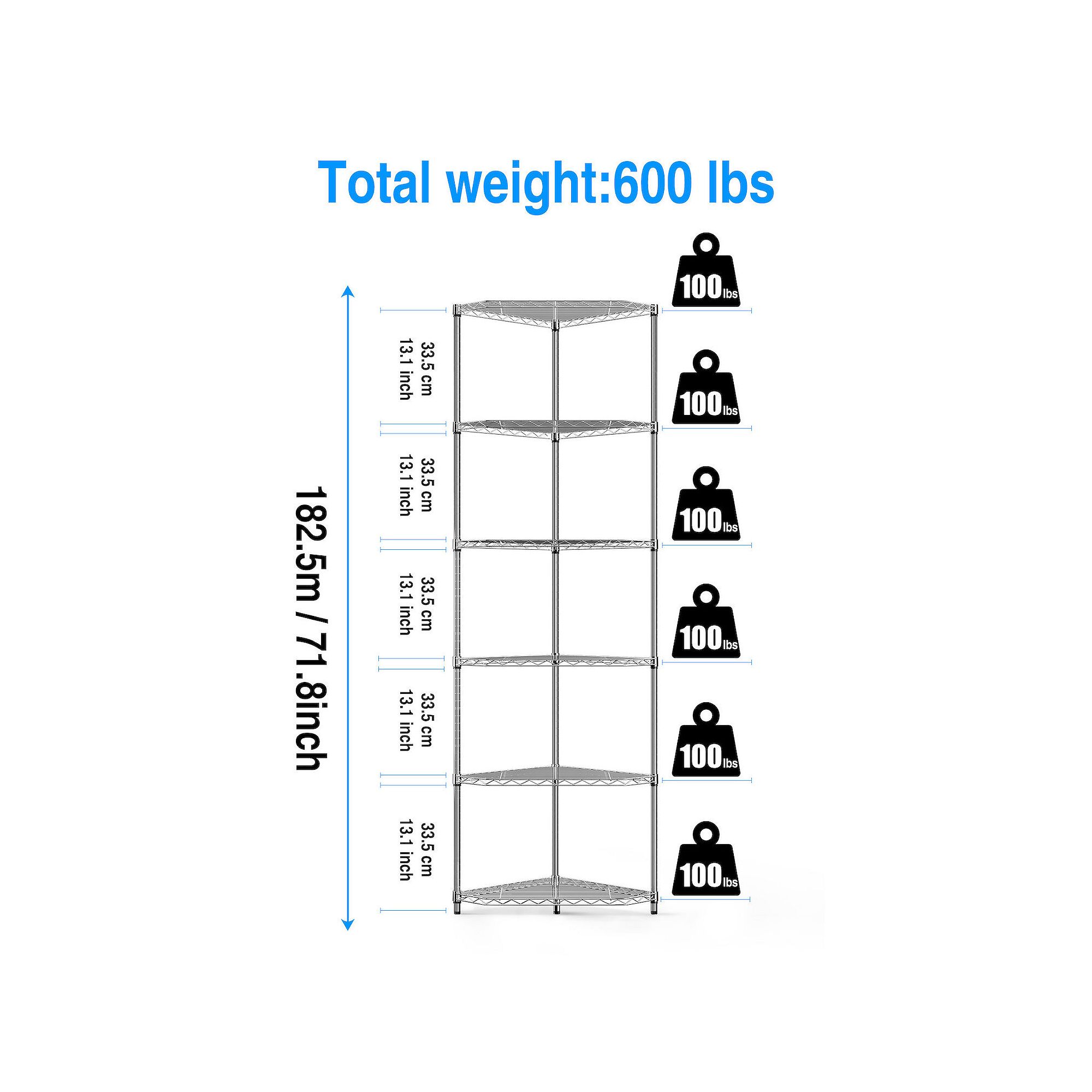 6-tier corner shelf rack dimensions and total weight rating.