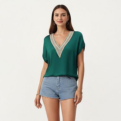 Short Sleeve V Neck Blouse with Crochet Trim Detail