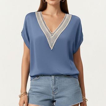 Short Sleeve V Neck Blouse with Crochet Trim Detail