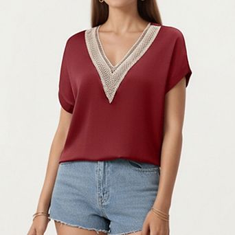Short Sleeve V Neck Blouse with Crochet Trim Detail