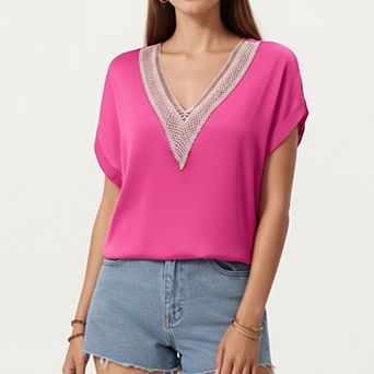 Short Sleeve V Neck Blouse with Crochet Trim Detail