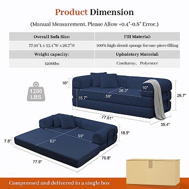 CEWOR 78" Convertible Sofa Bed, 5-in-1 Corduroy Foldable Compressed Sofa ,No Assembly