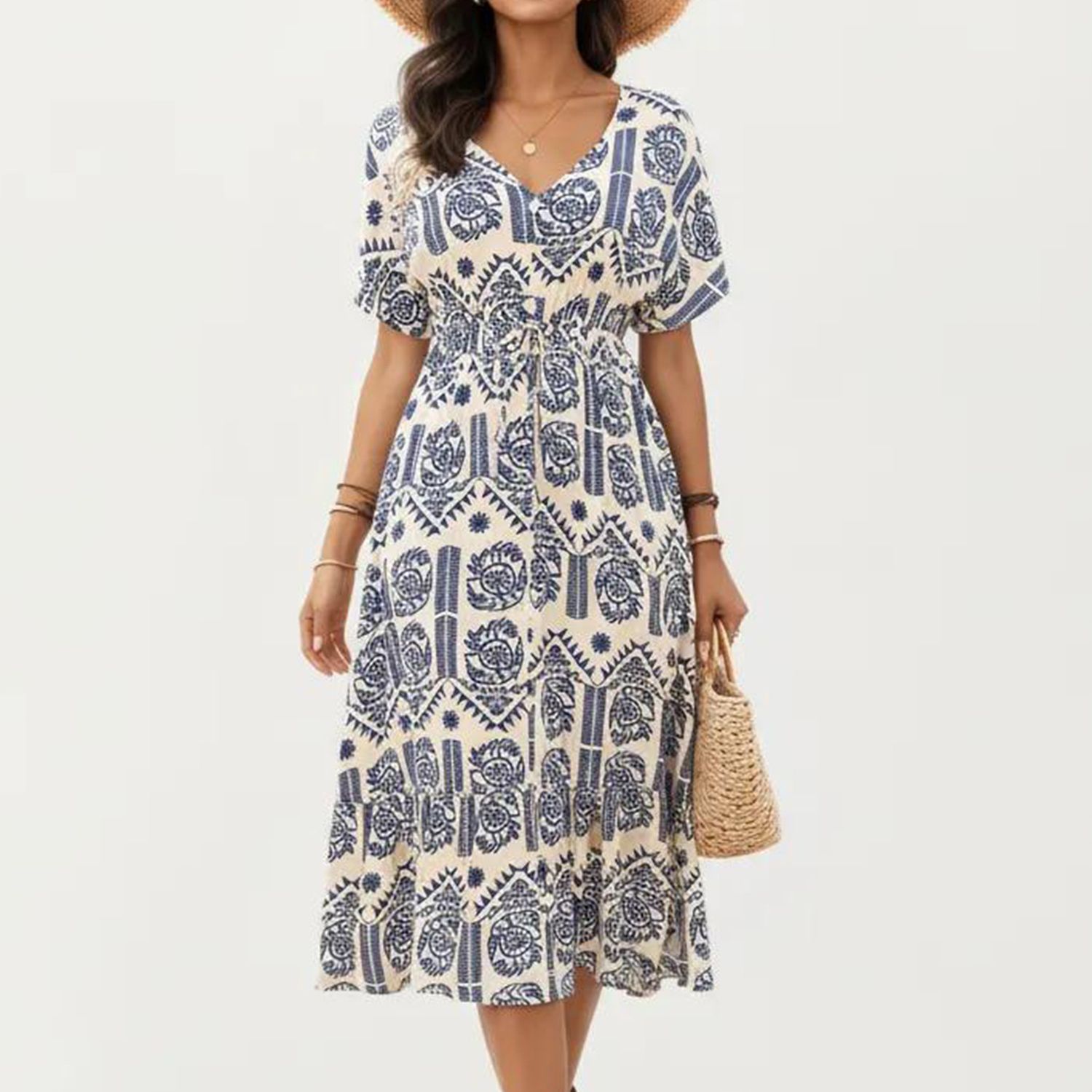 Женские платья V Neck Short Sleeve Printed Midi Dress with Drawstring Waist