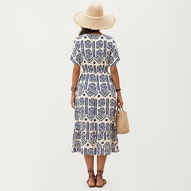 V Neck Short Sleeve Printed Midi Dress with Drawstring Waist