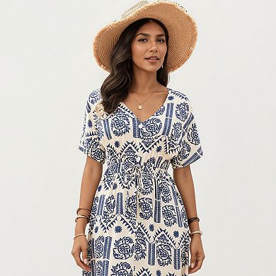 V Neck Short Sleeve Printed Midi Dress with Drawstring Waist