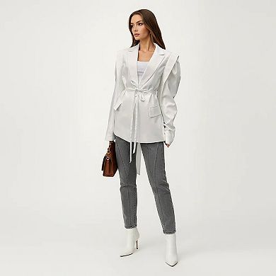 Long Sleeve Tailored Blazer with Tie Waist and Structured Lapel