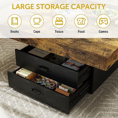 CEWOR Square Coffee Table with LED Lights & 2 Drawers, Modern Farmhouse Table for Living Room