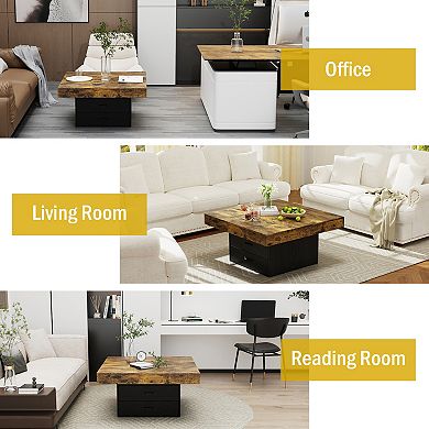 CEWOR Square Coffee Table with LED Lights & 2 Drawers, Modern Farmhouse Table for Living Room