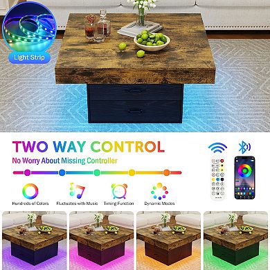 CEWOR Square Coffee Table with LED Lights & 2 Drawers, Modern Farmhouse Table for Living Room