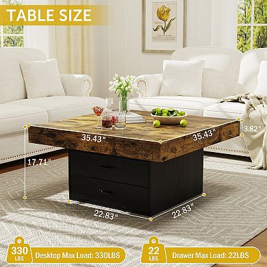 CEWOR Square Coffee Table with LED Lights & 2 Drawers, Modern Farmhouse Table for Living Room