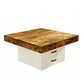 CEWOR Square Coffee Table with LED Lights & 2 Drawers, Modern Farmhouse Table for Living Room