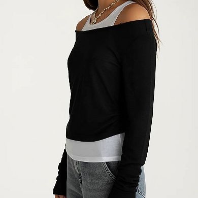 Off Shoulder Long Sleeve Layered Knit Top with Relaxed Fit