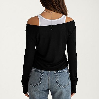 Off Shoulder Long Sleeve Layered Knit Top with Relaxed Fit