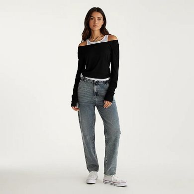 Off Shoulder Long Sleeve Layered Knit Top with Relaxed Fit
