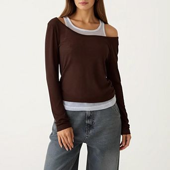 Off Shoulder Long Sleeve Layered Knit Top with Relaxed Fit